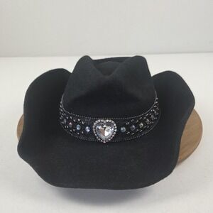 Peter Grimm Hat Cowboy Fitted Womens One Size Black Rhinestone Heart Western